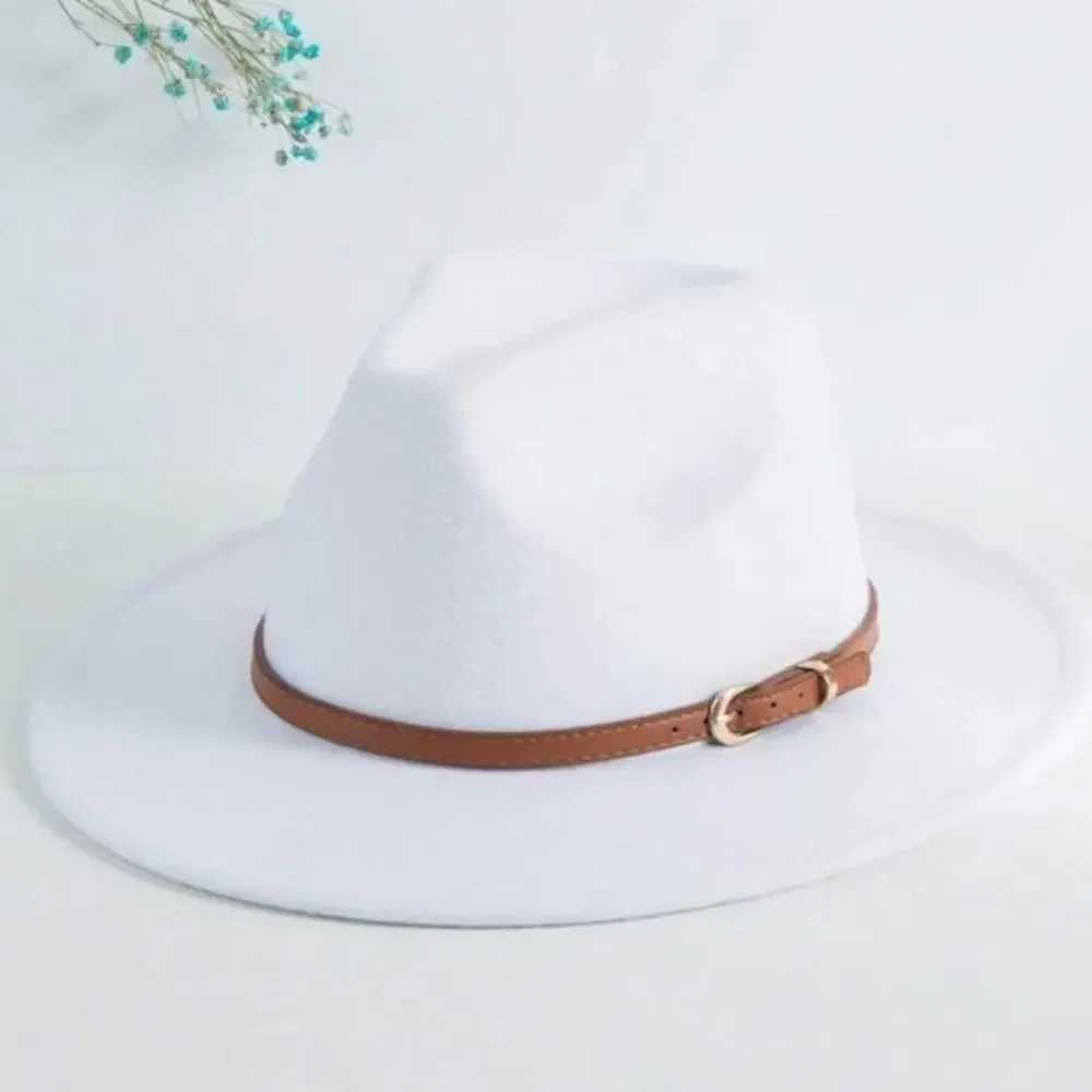 Fedora White Hat Unisex Classy Chic Men Women Buckle Strap - Picture 7 of 14